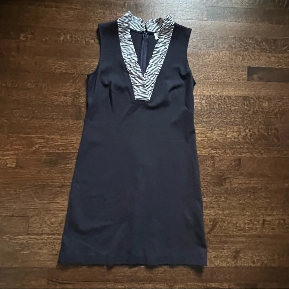 Eliza J size 6 navy blue with striped ruffle collar dress